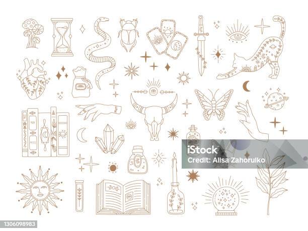 Witchcraft Sacred Big Set Mystic Magic Symbols Stock Illustration - Download Image Now - Spirituality, Mystery, Doodle