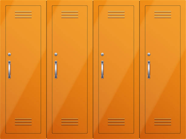 Gym lockers Gym lockers in orange color with handles and key lock. Orange Metal locker cabinets for gym and locker rooms in college. Vector Illustration isolated on white background. pool at the crook stock illustrations