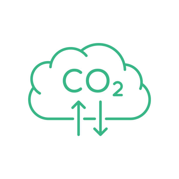CO2 Carbon dioxide cloud sign. Air pollution. Carbon footprint concept. Cloud thin line icon with two arrows symbolizing greenhouse effect. Toxic gases emission. Vector illustration, flat, clip art. carbon neutrality stock illustrations