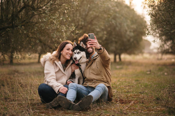 istock Young couple taking a selfie with their Husky dog 1306102540