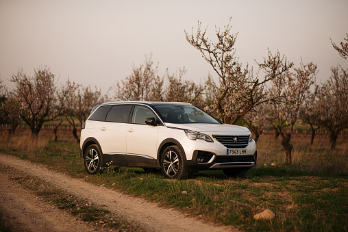 Calahorra, Spain. 05 March 2021: A modern Peugeot 5008 large SUV car parked in a rural area