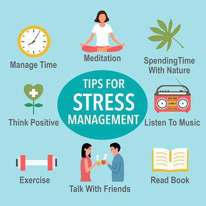 Tips for stress management with useful advices infographic concept vector illustration. Stress relief ways.