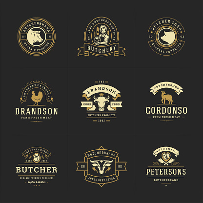 Butcher shop symbols set vector illustration good for farm or restaurant badges with animals and meat silhouettes. Retro typography emblems design.