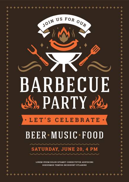 Barbecue party invitation flyer or poster design vector template Barbecue party invitation flyer or poster design vector template. BBQ cookout event retro typography. chef cooking flames stock illustrations