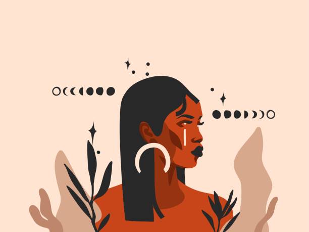 ilustrações de stock, clip art, desenhos animados e ícones de hand drawn vector abstract stock flat graphic illustration with ethnic tribal black beautiful african american woman,sun and magic moon phases in simple style ,isolated on pastel background - witch beauty beautiful women