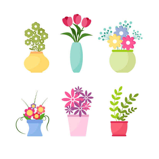 sammlung von wild- und gartenblumen in vasen und flaschen isoliert auf weißem hintergrund. bündel von sträußen. satz von dekorativen floralen design-elemente. vektor-illustration - blumenvase stock-grafiken, -clipart, -cartoons und -symbole