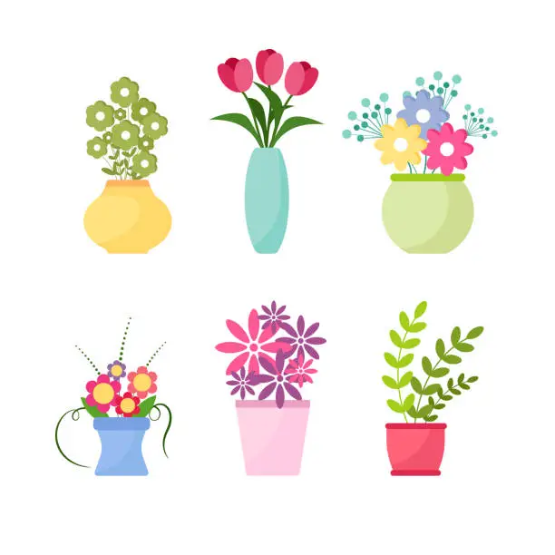 Vector illustration of Collection of wild and garden flowers in vases and bottles isolated on white background. Bundle of bouquets. Set of decorative floral design elements. Vector illustration
