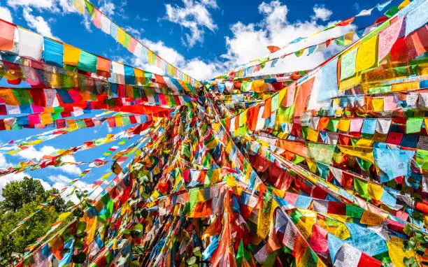 Many colorful Tibetan Buddhist prayer flags in Shangri-La Yunnan China