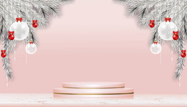 istock Podium Display of Christmas or New Year mockup scene on Pink Pastel Background,Vector Realistic 3D Gold Cylinder Stand Platform on Marble,Stage Pedestal Banner for Happy New Year 2022 background 1306108734