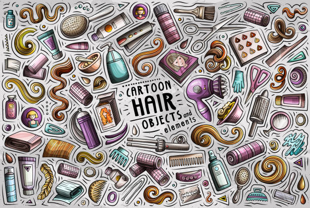 ilustraciones, imágenes clip art, dibujos animados e iconos de stock de doodle conjunto de dibujos animados de objetos y símbolos de peluquería - computer icon symbol hair gel hair salon