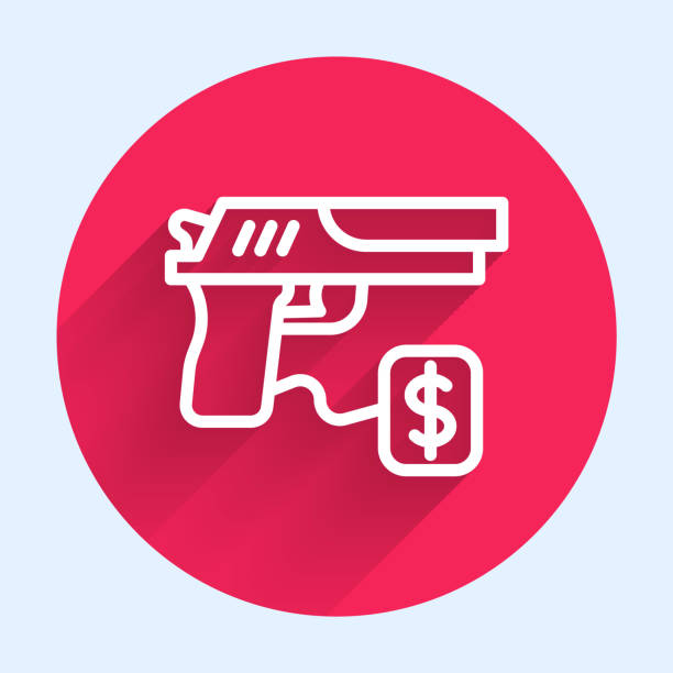 illustrations, cliparts, dessins animés et icônes de pistolet blanc d’achat de pistolet d’achat avec l’icône d’étiquette de prix d’isolement avec l’ombre longue. acheter une arme. bouton de cercle rouge. vecteur - currency crime gun conflict