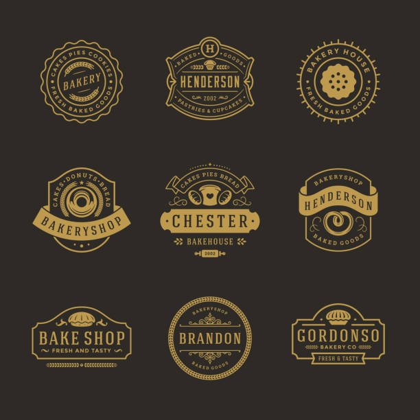 Bakery symbols and badges design templates set vector illustration Bakery symbols and badges design templates set vector illustration. Good for bakehouse and cafe emblems. Retro typography elements and silhouettes. bread silhouettes stock illustrations
