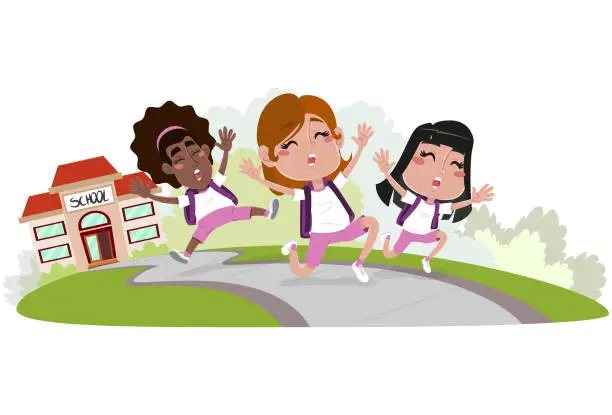 Vector illustration of Girls leaving school for vacation