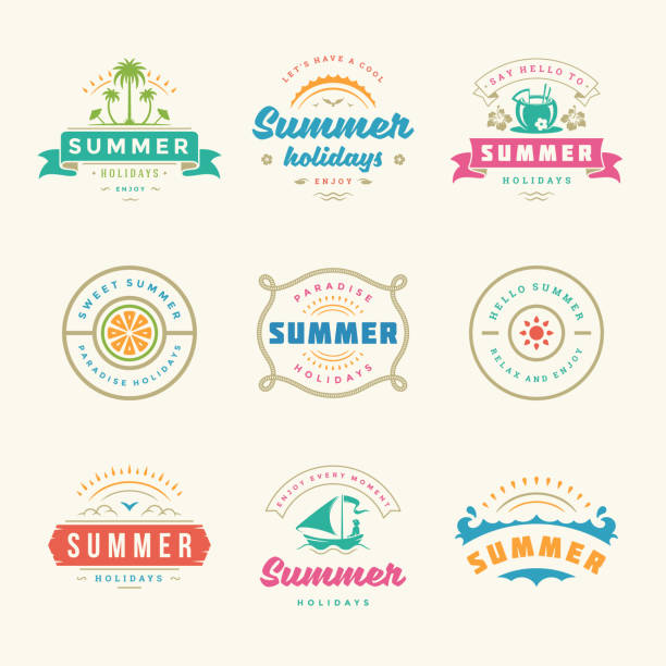 Summer holidays labels and badges retro typography design set Summer holidays labels and badges retro typography design set. Templates for greeting cards, posters and apparel design. Vector illustration. beach bar stock illustrations