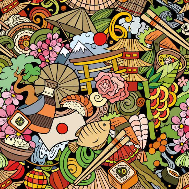 ilustraciones, imágenes clip art, dibujos animados e iconos de stock de dibujos animados doodles japón patrón sin costuras. - comida japonesa