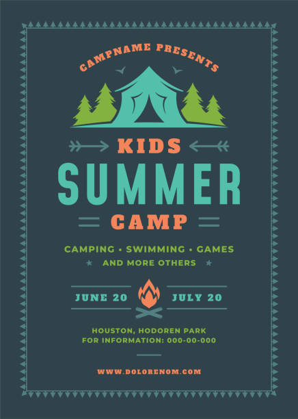 Kids summer camp poster or flyer event retro typography design template and forest lanscape and tent background Kids summer camp poster or flyer event retro typography design template and forest lanscape and tent background. Vector illustration. adventure designs stock illustrations
