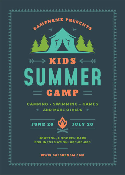 Kids summer camp poster or flyer event retro typography design template and forest lanscape and tent background Kids summer camp poster or flyer event retro typography design template and forest lanscape and tent background. Vector illustration. background of a camping stock illustrations