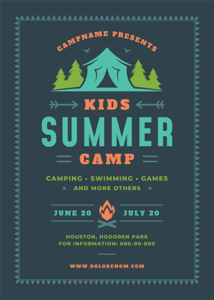 Kids summer camp poster or flyer event retro typography design template and forest lanscape and tent background Kids summer camp poster or flyer event retro typography design template and forest lanscape and tent background. Vector illustration. summer camp stock illustrations