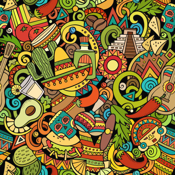 ilustraciones, imágenes clip art, dibujos animados e iconos de stock de la caricatura doodles méxico patrón sin costuras. - dibujos aztecas