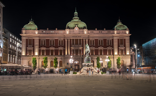 Belgrade, Serbia - September 24, 2020: National museum and Republic square in Belgrade old town downtown at night. The busiest urban area in Serbian capital city at night. This is the site of some of Belgrade's most recognizable public buildings, including the National Museum, the National Theater and the statue of Prince Mihailo, etc.