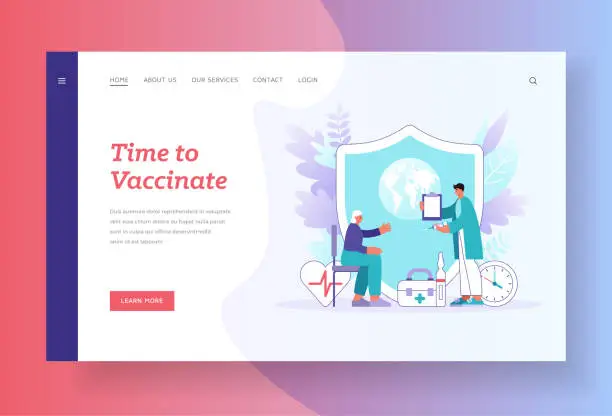 Vector illustration of Time to vaccinate. Banner template. Doctor with syringe and clipboard visiting elderly patient