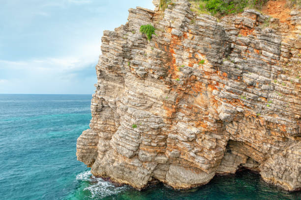 Sedimentary coastal rock washed by sea water . Coastline rocky cliff