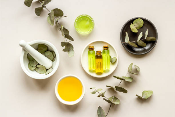istock Natural cosmetic products - eucalyptus essential oil, top view 1306121470