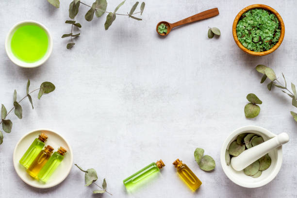 istock Natural cosmetic products - eucalyptus essential oil, top view 1306121699