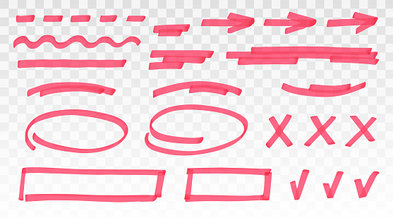 Red highlighter set - lines, arrows, crosses, check, oval, rectangle isolated on transparent background. Marker pen highlight underline strokes. Vector hand drawn graphic stylish element.