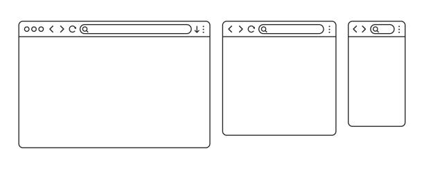 ilustraciones, imágenes clip art, dibujos animados e iconos de stock de ventana del navegador simple en un estilo plano, diseño de línea una página web en blanco simple, búsqueda en internet, ventana del navegador de maqueta de plantilla de línea en el ordenador, tableta y teléfono móvil - vector de stock - navegador