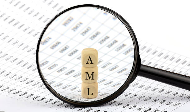 AML wooden cubes on chart background , look through a magnifier stock photo