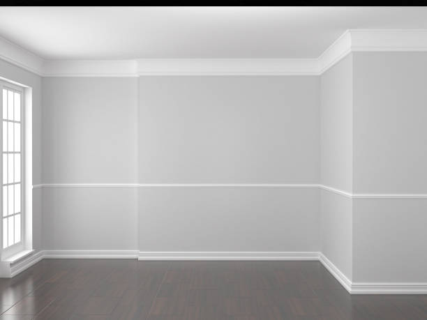 istock Empty living room design. Light walls and ceiling and dark floor. 3d render illustration 1306125336