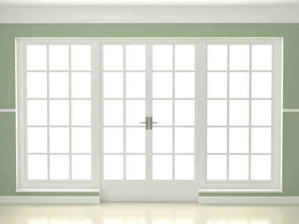 istock Large windows in a living room. Home design colonial style. 3d render illustration 1306125365