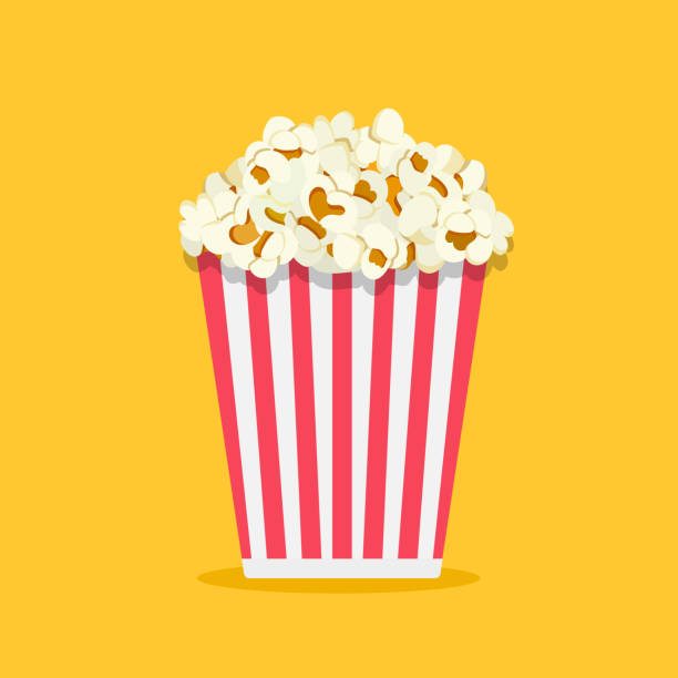 Pop corn isolated on yellowe background. Cinema icon in flat style. Snack food. Big red white strip box. Vector stock