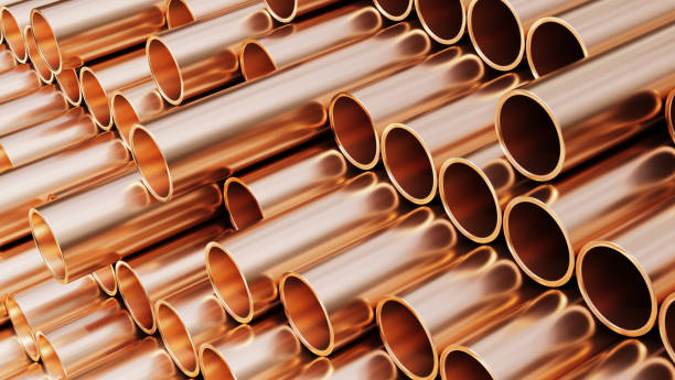 istock Industry production for plumbing. Copper pipes background. 3d render. 1306127759