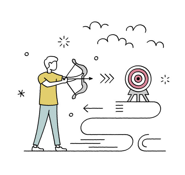 Hand-drawn Target Market Vector Illustration Creative target market and advertisement illustration for websites, applications, and print. Hand-drawn vector scenes with editable strokes that you can change the lines' size and add colors if needed. archery target group of objects target sport stock illustrations
