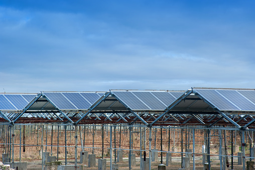 constructions of old greenhouses re-equipped with solar panels, green energy