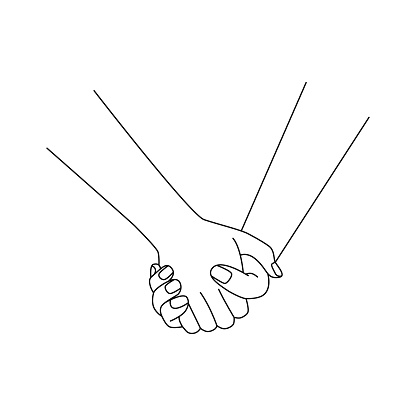 one hand holds the other. the concept of tender feelings, caring for a loved one, joy of being together, work in team. graphic symbol for sites, apps or print. simple linear sign on white background