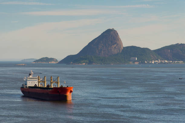 Tanker Ship in Guanabara Bay With Sugarloaf Mountain in the Horizon, in Rio de Janeiro, Brazil.