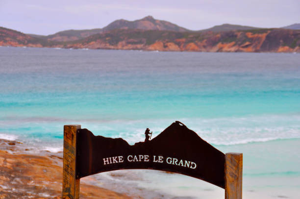 Hiking coastal tracks at Cape Le Grand Horizontal image of a hiking sign. Cape le grand. Feb 2021. cape le grand national park stock pictures, royalty-free photos & images