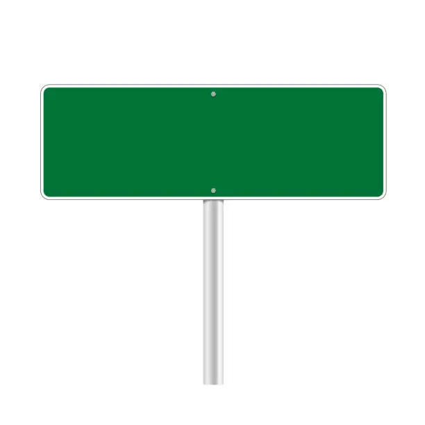 Vector illustration of Road green traffic sign. Mockup - blank board with place for text, information and direction. Vector illustration isolated on white background.