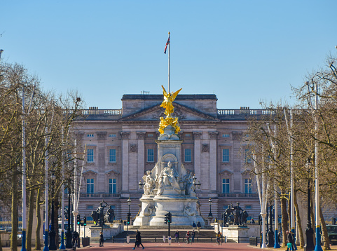 London, United Kingdom - March 9 2021: Exterior view of Buckingham Palace on a clear day.