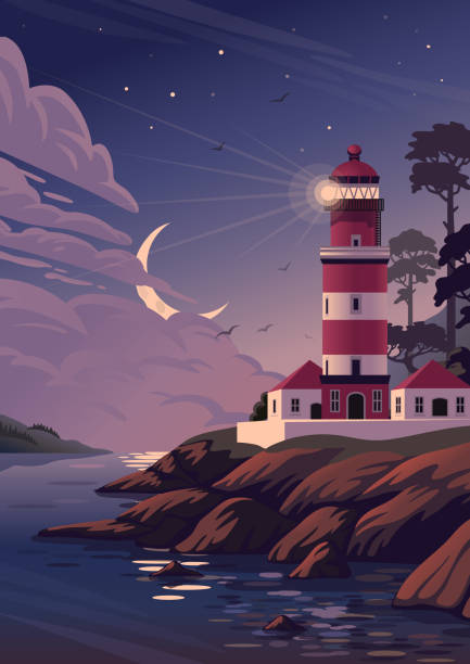 illustrations, cliparts, dessins animés et icônes de phare - paysage vectoriel. paysage de mer avec la balise sur la falaise et le croissant dans les nuages. illustration de vecteur dans le modèle plat de dessin animé - direction sea lighthouse landscape