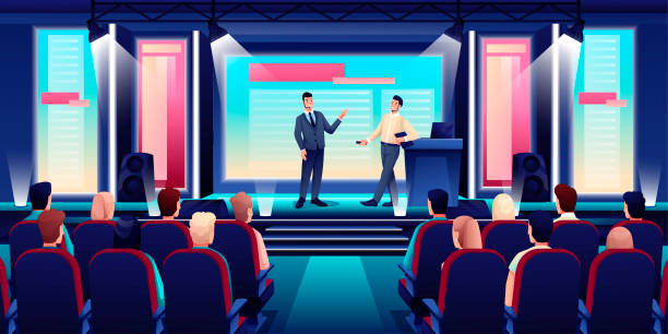 Business conference or seminar in auditorium hall. Speaker on podium giving presentation to audience in seats vector illustration. Event or forum convention in modern center Business conference or seminar in auditorium hall. Speaker on podium giving presentation to audience in seats vector illustration. Event or forum convention in modern center. presentation speech backgrounds stock illustrations