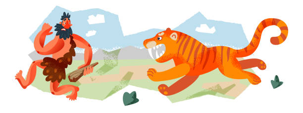 istock Caveman running from tiger in Stone Age set. Prehistoric ancient history vector illustration. Man running away from scary animal at hunt with stick. Savage hunter in nature 1306140173