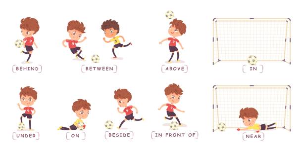 illustrations, cliparts, dessins animés et icônes de enfant jouant au football ou à l’ensemble de football, poses et prépositions. garçon dans la position diverse avec l’illustration de vecteur de boule. balle derrière, entre, au-dessus, sous, sur, à côté, près du garçon, dans le filet - fitness goal