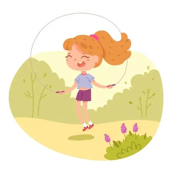 Vector illustration of Girl jumping with rope in physical education class outdoor. Child doing active exercise in PE lesson vector illustration. Happy kid skipping and smiling with sports equipment in park