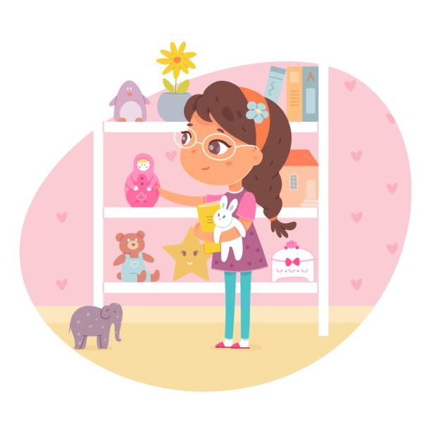 Girl putting toys from floor to shelves, helping with housework. Kid helps to clean bedroom vector illustration. From messy room to neat shelves in stand with books and toys Girl putting toys from floor to shelves, helping with housework. Kid helps to clean bedroom vector illustration. From messy room to neat shelves in stand with books and toys. organized bookshelf stock illustrations