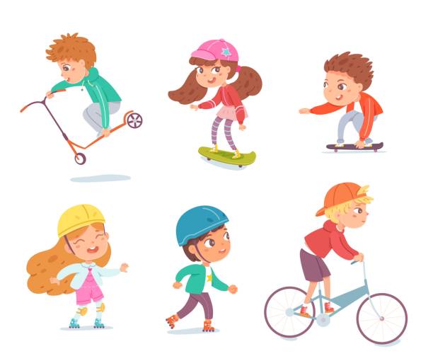 ilustraciones, imágenes clip art, dibujos animados e iconos de stock de niños jugando a los deportes. niños felices haciendo ejercicio saludable en tiempo libre ilustración vectorial. niños y niñas en scooter, patines, monopatín, bicicleta de fondo blanco - helmet bicycle little girls child