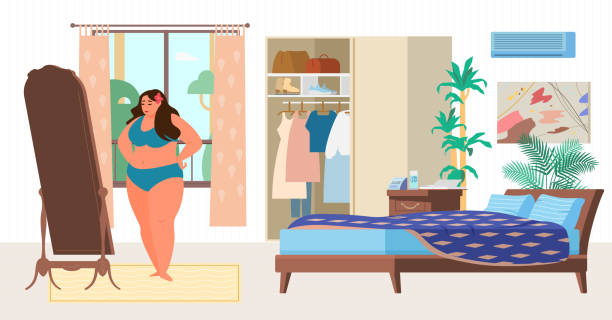 illustrations, cliparts, dessins animés et icônes de femme de taille plus essayant sur un maillot de bain dans une chambre à coucher. - femme qui s'habille